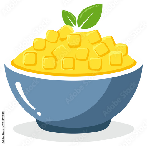 Colorful yellow dessert bowl filled with fruit cubes and fresh green leaves a sweet treat illustration