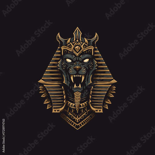 A fearsome beast head with fierce eyes and bared teeth, adorned in Egyptian-style accoutrements