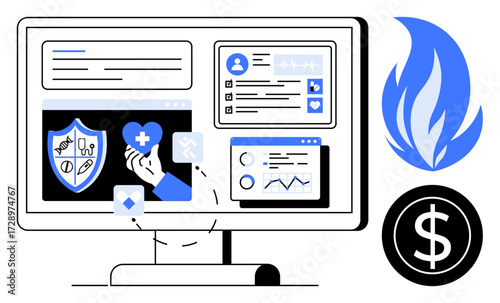 Computer screen with health symbols, charts, shield, and financial icon representing insurance, protection, and analytics. Ideal for healthcare, finance, technology security analytics wellness