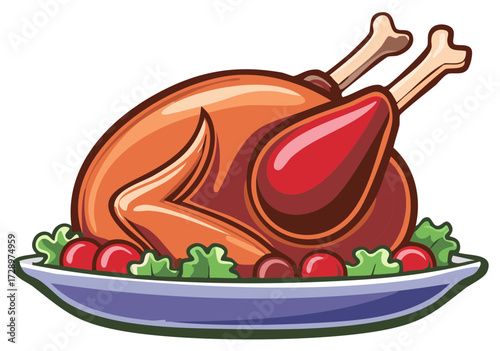 Roasted turkey dinner on a plate with garnish and side dishes