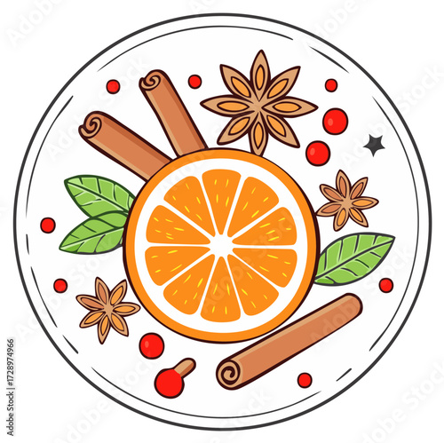 Festive Spiced Orange Slice with Cinnamon Star Anise and Cranberries in a Circle