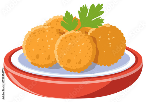 Delicious golden fried potato croquettes garnished with fresh parsley on a red plate