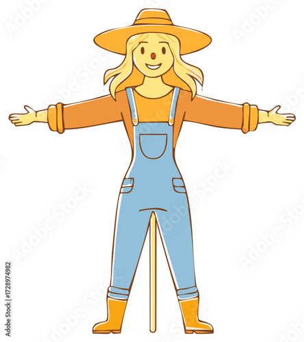 Cute cartoon female scarecrow character in overalls and hat for harvest
