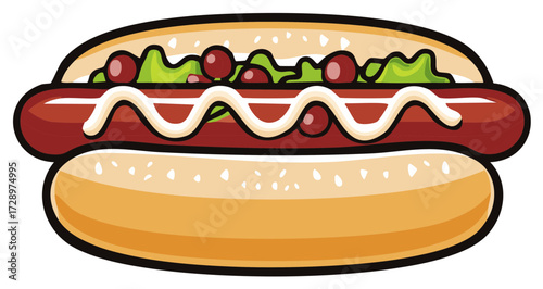 Stylized hot dog illustration with sausage, relish, and mayonnaise on a sesame seed bun