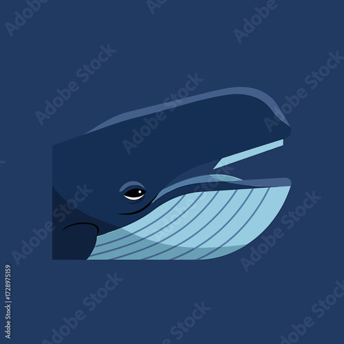 Illustration of a blue whale with its mouth open, showcasing its baleen plates, against a dark blue background.