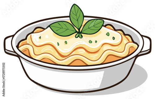Delicious baked lasagna dish topped with fresh basil leaves and herbs in a white casserole dish