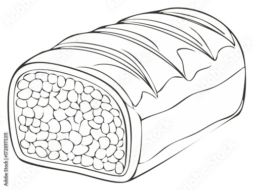 Vector line art of a sliced candy bar with a crunchy cereal filling for a coloring book