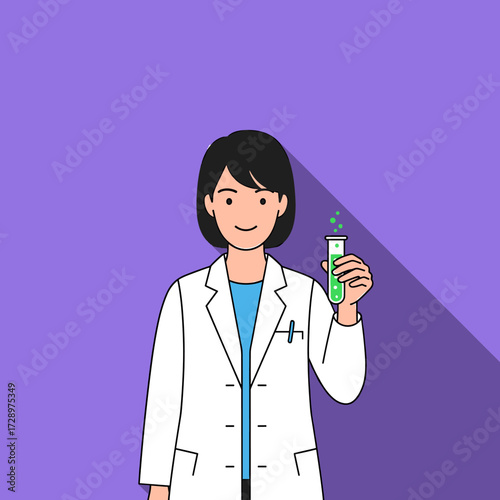 A smiling female scientist in a lab coat holding a test tube with green liquid.