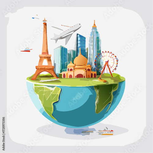 Illustration of a globe with famous landmarks, airplane, and boat, representing travel and tourism.
