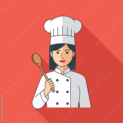 A female chef in uniform holding a wooden spoon, ready to cook.