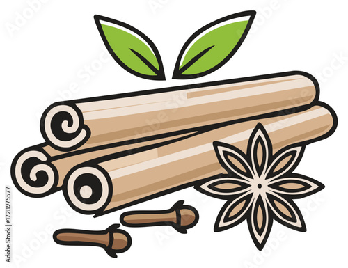 Cinnamon sticks star anise and cloves healthy culinary spices with green leaves and white background