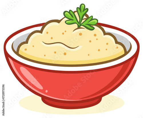 Creamy mashed potatoes in red bowl with parsley garnish food illustration