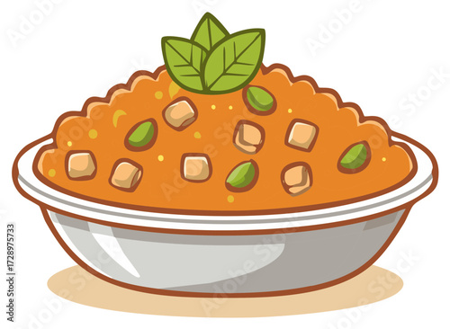 Vibrant cartoon illustration of a savory orange stew or curry with green peas tofu and basil leaves in a white bowl