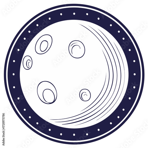 Circular illustration of moon phase with crater details, dark blue border design, and dot pattern.