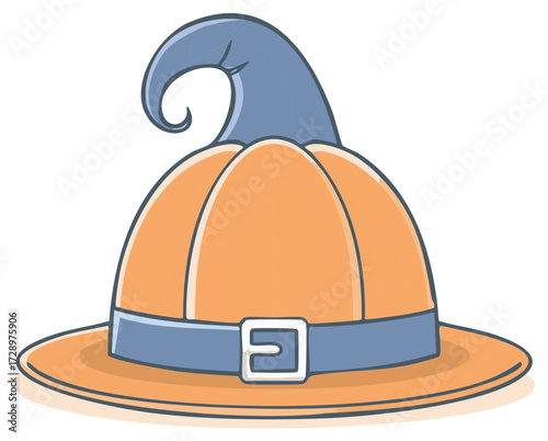 Harvest Festival Pilgrim's Hat: Festive orange pumpkin shaped headwear with blue buckle and brim for autumn holiday celebrations