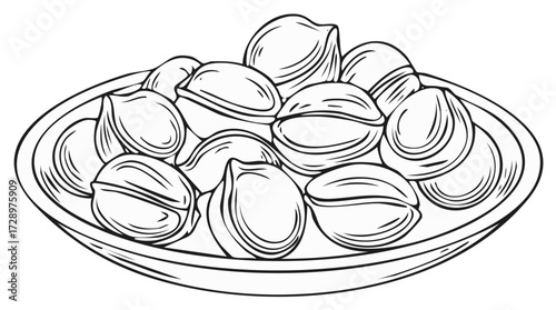 Simple line art illustration of a dish piled with delicious handmade dumplings or ravioli pasta