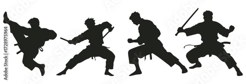 Martial Arts Silhouette Set – Combat, Discipline, and Movement Poses for Sports and Cultural Projects Vector Illustration