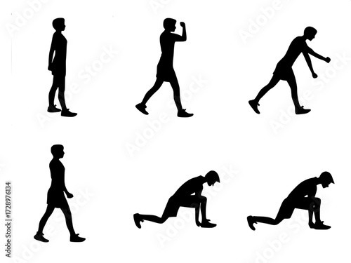 Exercise Icon Collection
“Black stick figure silhouettes shown in nine different exercise or movement poses. Arranged in a 3x3 square grid, flat vector style, high-contrast, no detail beyond simple ou