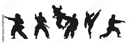 Martial arts action silhouettes vector set on white background