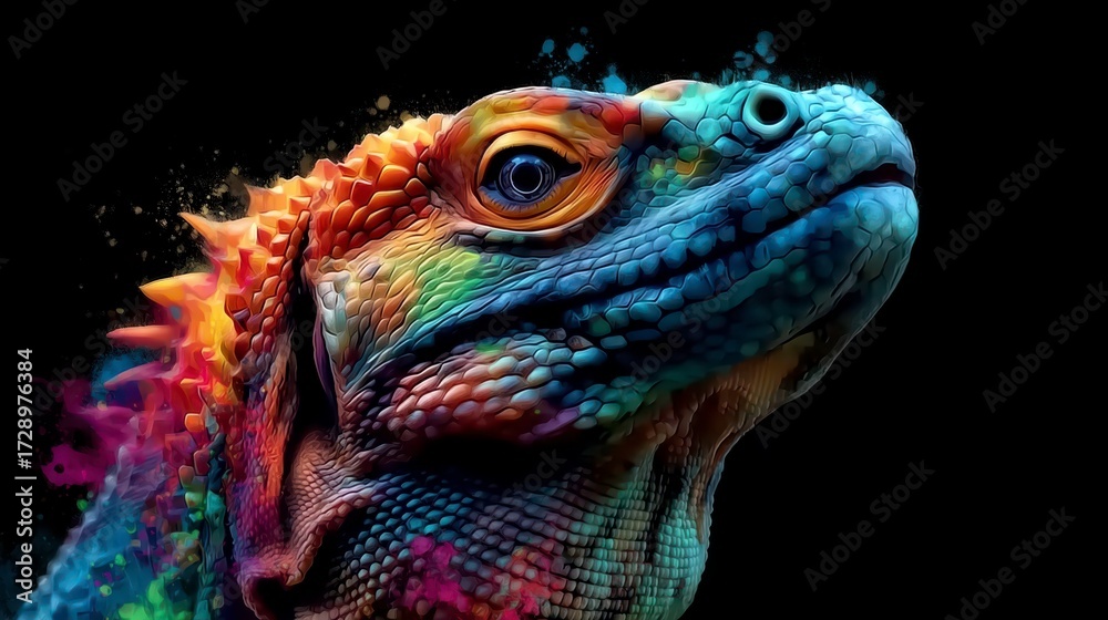 Obraz premium Majestic Komodo Dragon Portrait with Vivid Abstract Colors and Detailed Scales