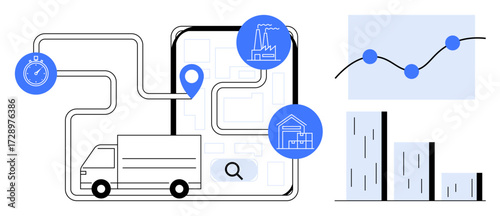 Truck on mapped route with blue points and stopwatch, factory, warehouse icons, bar chart, line graph. Ideal for logistics, data analysis, delivery, supply chain management planning simple flat