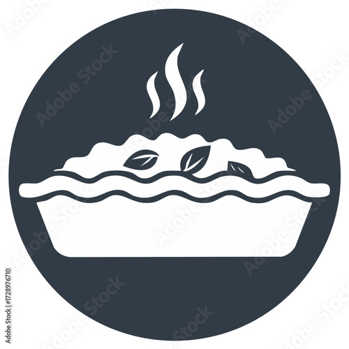 Steaming hot casserole or pie in baking dish with leaf garnish symbol