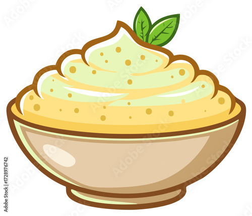 Bowl of Creamy Dessert Topped with Green Leaves Food Illustration