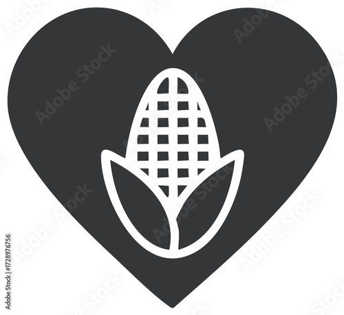 Heart shaped with a corn cob silhouette inside representing food love and agriculture