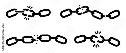 "Broken Chain Link Icon Set – Black Silhouette Illustrations of Fractured Chains with Jagged Edges and Gaps for Failure, Disconnection, and Metaphorical Design Projects"