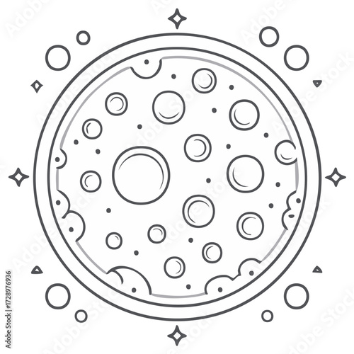 Celestial full moon planet with craters and stars simple line art vector icon