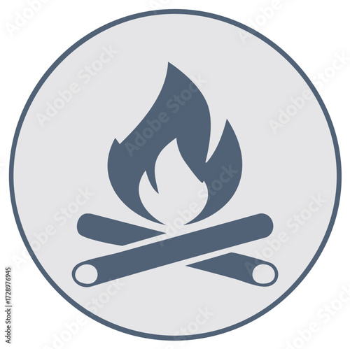 Bonfire icon with flames and logs inside a circle symbolizes warmth and camping