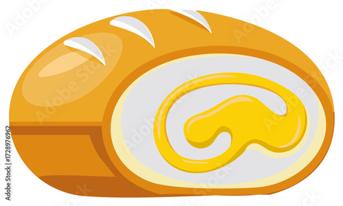 Sweet golden baked Swiss roll cake slice with swirled yellow creamy filling delicious dessert vector