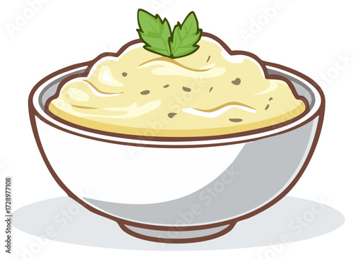 Creamy Mashed Potatoes with Herbs, Served in a White Bowl, Food Vector Illustration