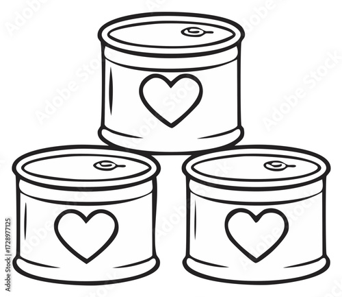 Stacked cans with heart symbols outline drawing food donation concept