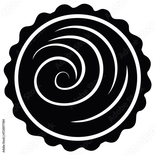 Minimalist black wavy edge circle featuring white vortex spiral pattern vector graphic