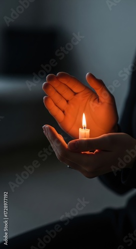 Gentle hands cradle a flickering candle in a dimly lit room during a moment of reflection