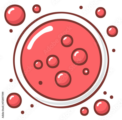 Cartoon illustration of a petri dish with a red cell culture and bubbles for science