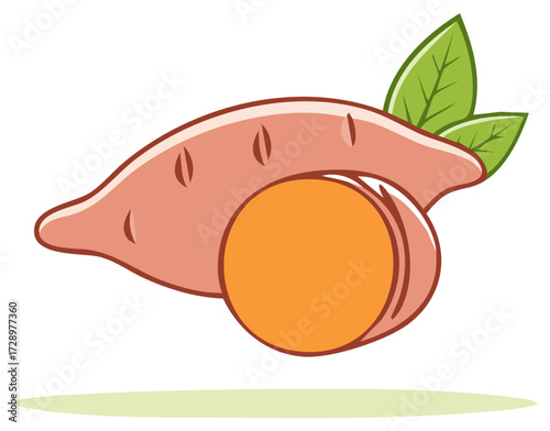 Sweet Potato Graphic Illustration with Slice and Leaves Vegetable Still Life