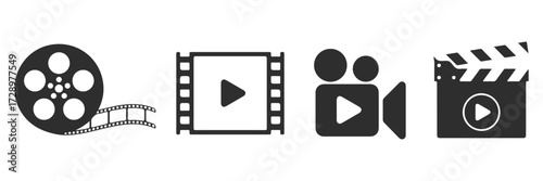 Movie film camera and clapboard icon set, cinema vector