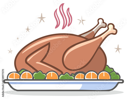 Festive Roasted Turkey on Serving Platter with Oranges and Greens