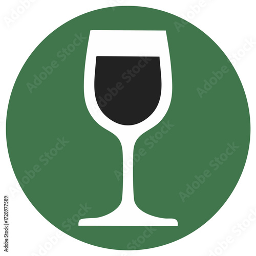 Simple illustration of a wine glass filled with dark liquid on a green circular background