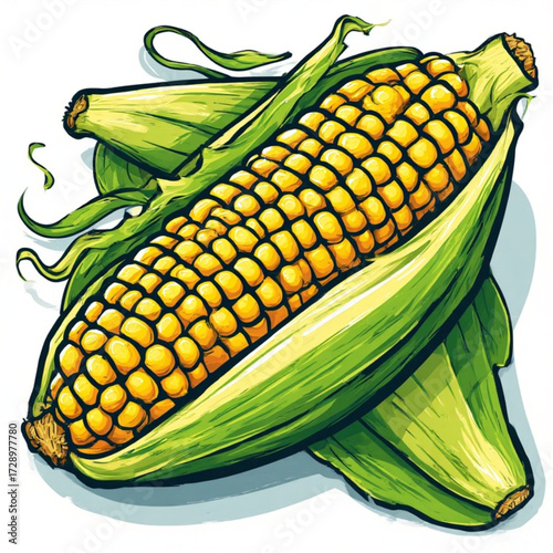 A vibrant illustration of fresh corn on the cob, with green husks and kernels.