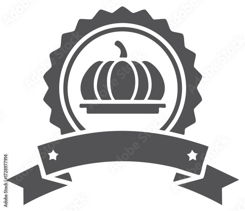 Pumpkin dish emblem icon, with jagged border and banner, suitable for harvest festival or fall celebration projects.