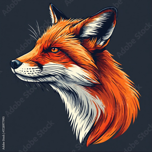 Illustration of a fox head in profile, featuring orange and white fur against a dark background.