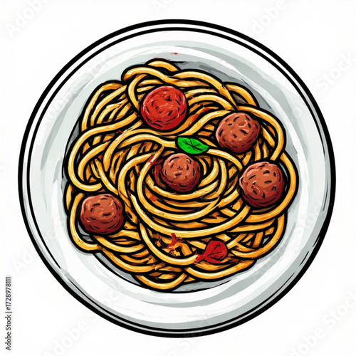 Top-down view of spaghetti with meatballs on a white plate, garnished with basil and a red sauce.