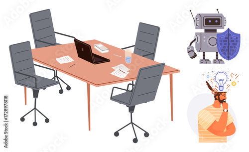 Office desk with chairs, laptop, papers, alongside robot with shield for AI security, and a person illustrating creative thinking with light bulb ideas. Ideal for teamwork, innovation, AI