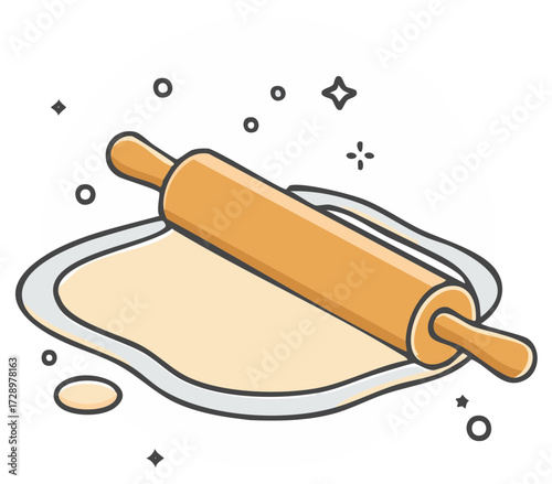 Kitchen illustration of a wooden rolling pin preparing dough for baking and pastry