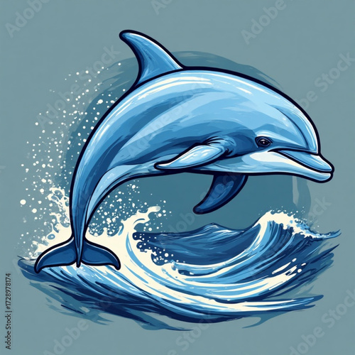 A vibrant illustration of a dolphin leaping out of the ocean waves with water splashes.