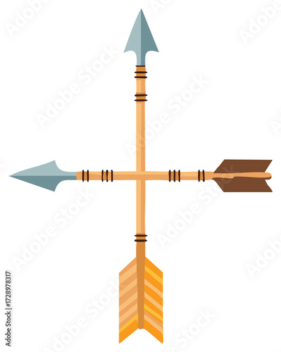 Two ancient crossed arrows with sharp arrowheads pointing in four directions