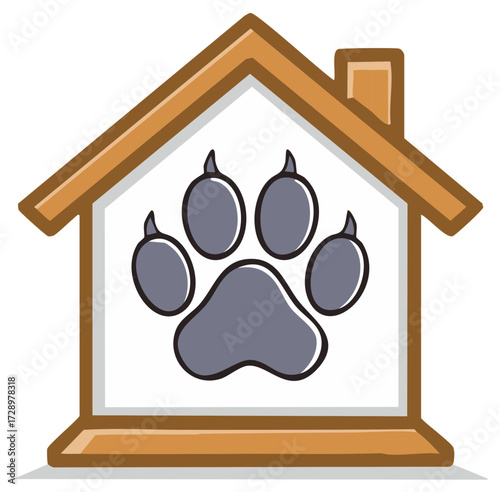 Cute cartoon house displaying a large animal paw print symbol for pet shelter